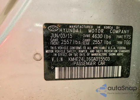 2016 Hyundai Sonata Hybrid z USA, uszkodzony, nr VIN KMHE24L16GA015503